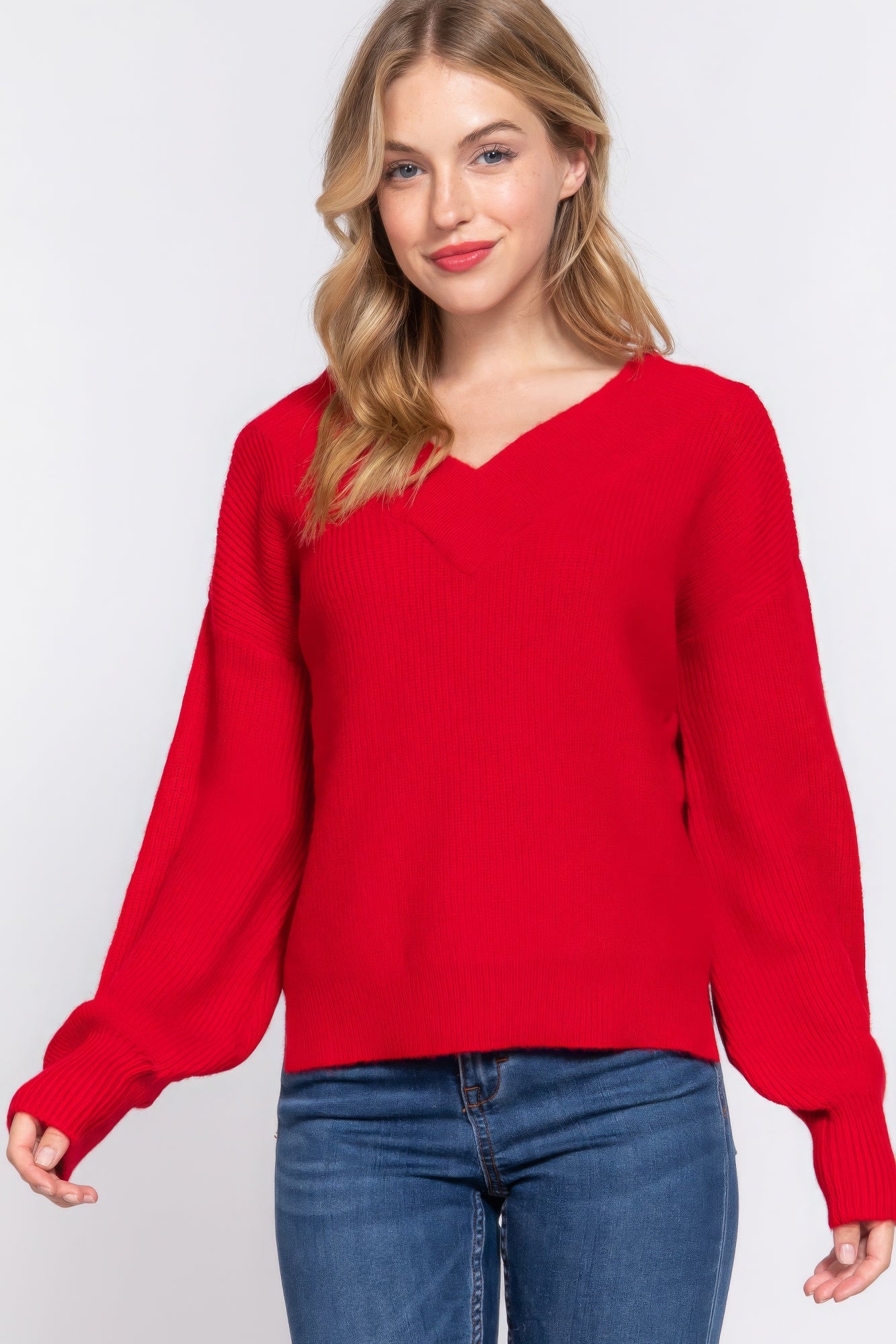 Long Slv Double V-neck Sweater JoySkyBoutique