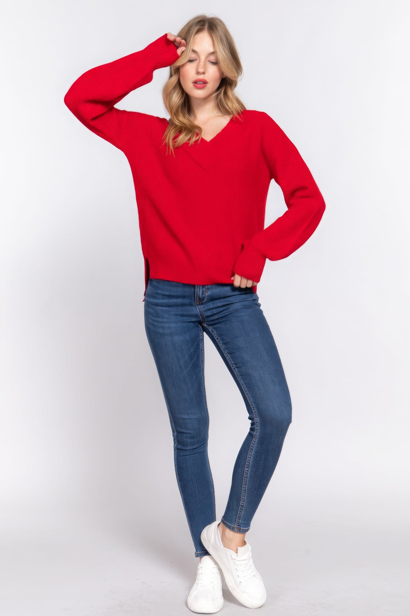 Long Slv Double V-neck Sweater JoySkyBoutique