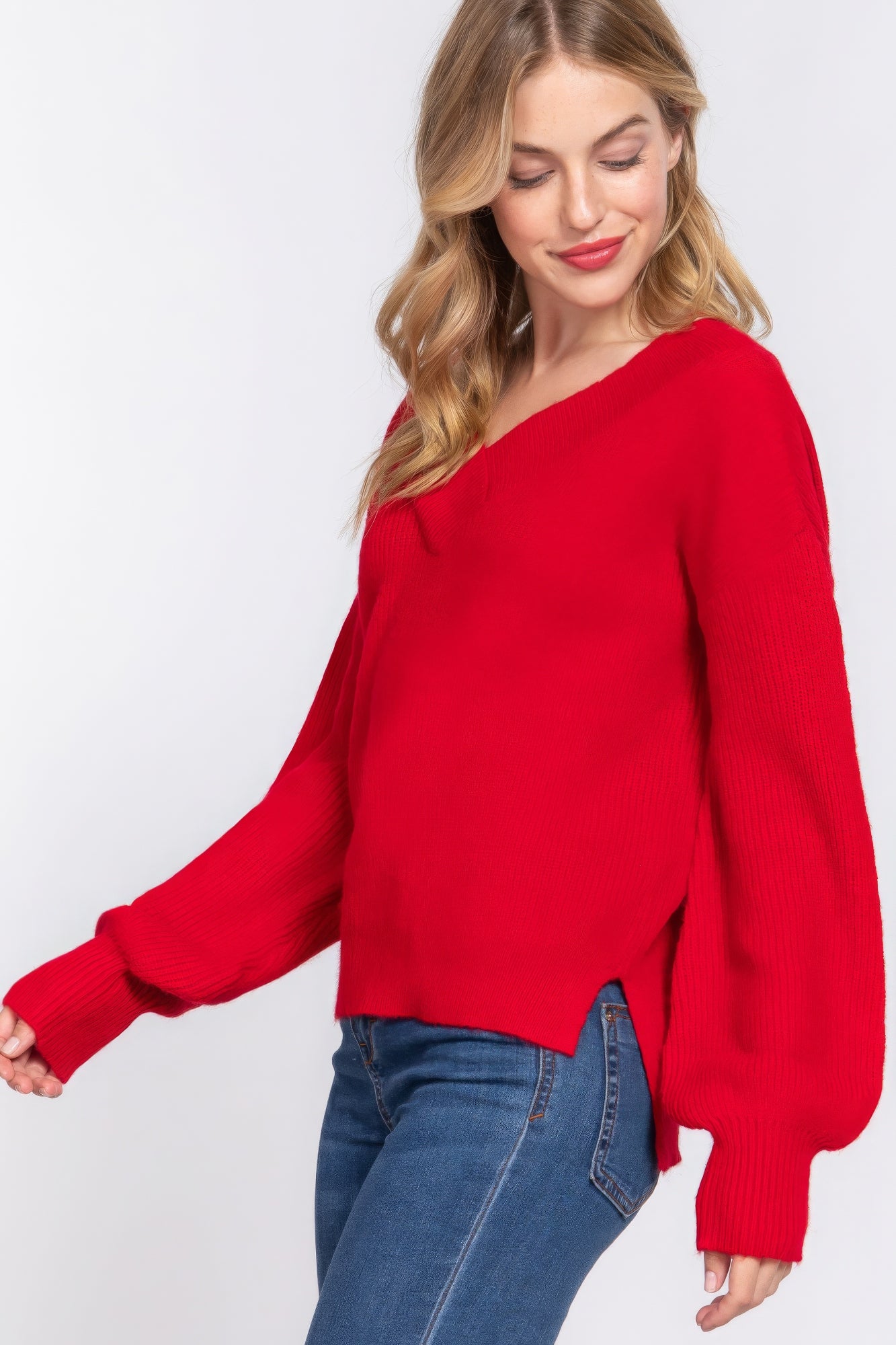 Long Slv Double V-neck Sweater JoySkyBoutique