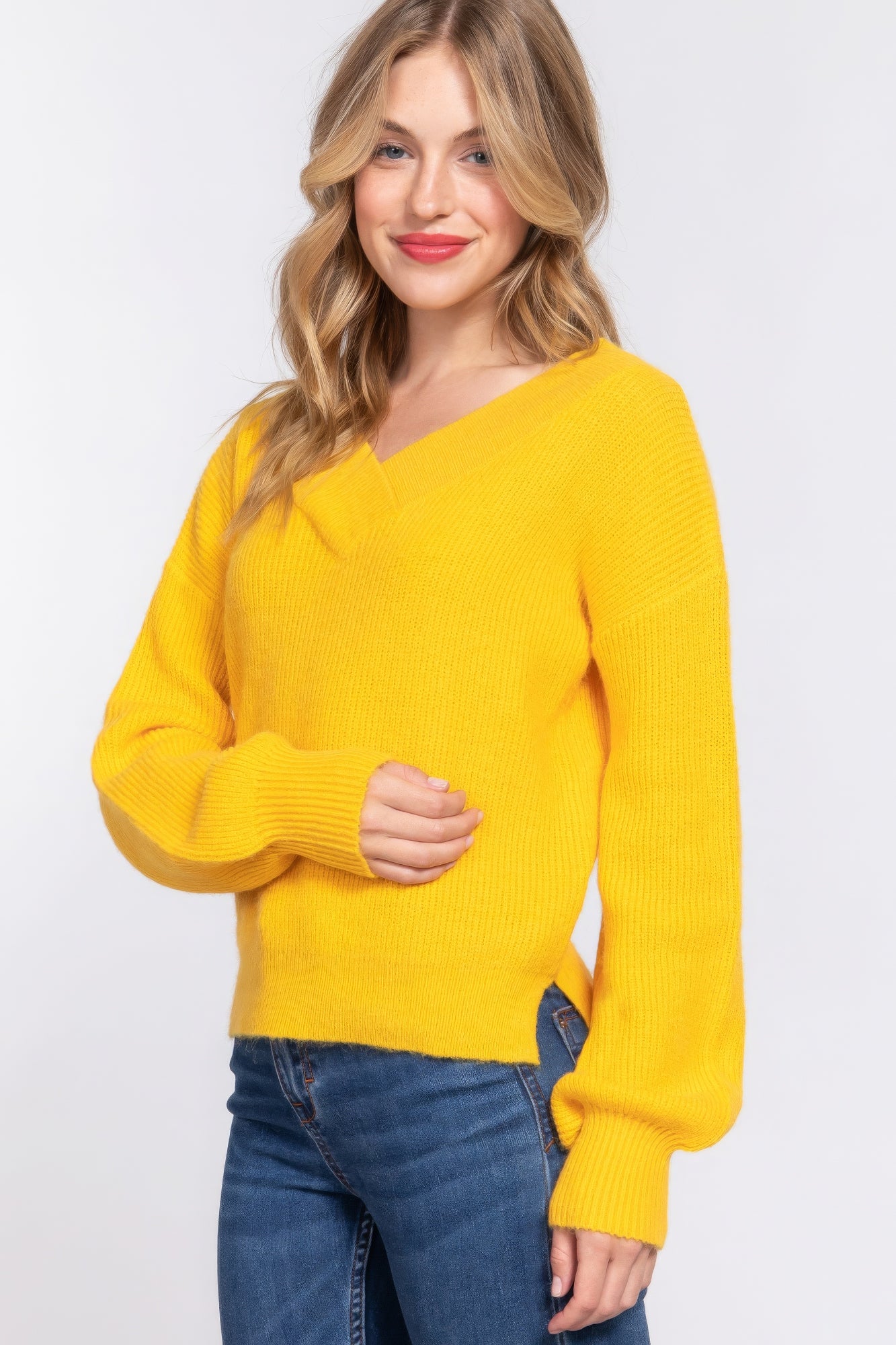 Long Slv Double V-neck Sweater JoySkyBoutique