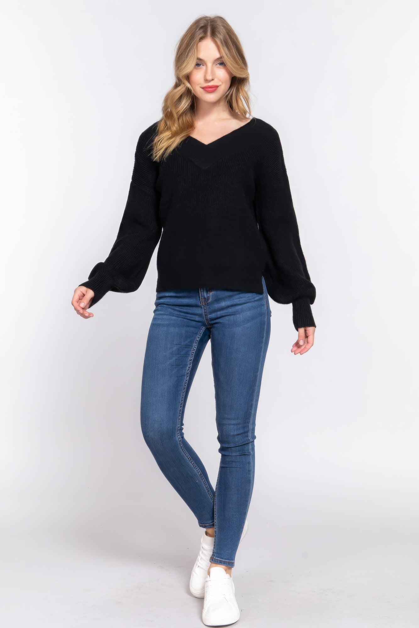 Long Slv Double V-neck Sweater JoySkyBoutique