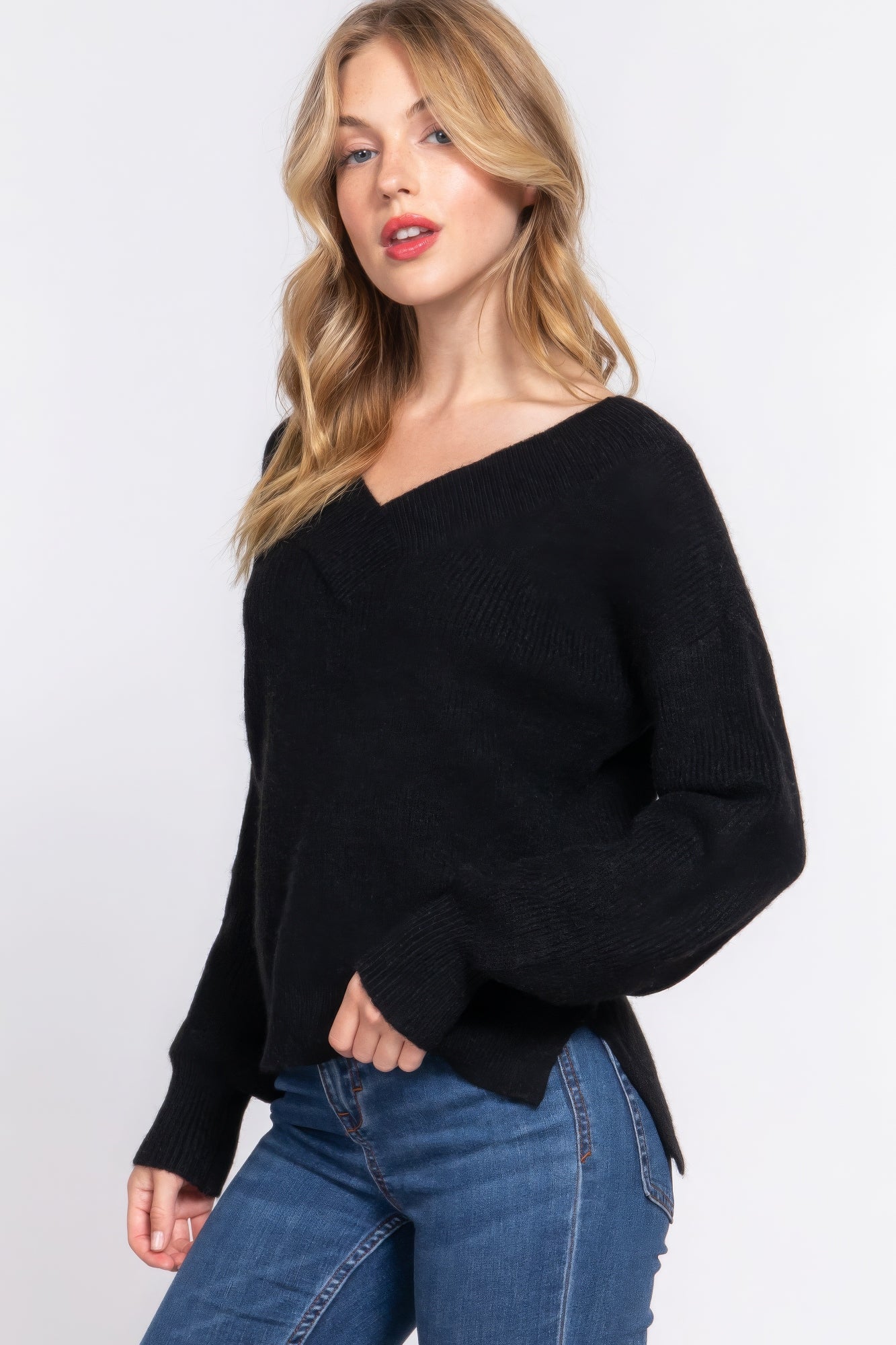 Long Slv Double V-neck Sweater JoySkyBoutique