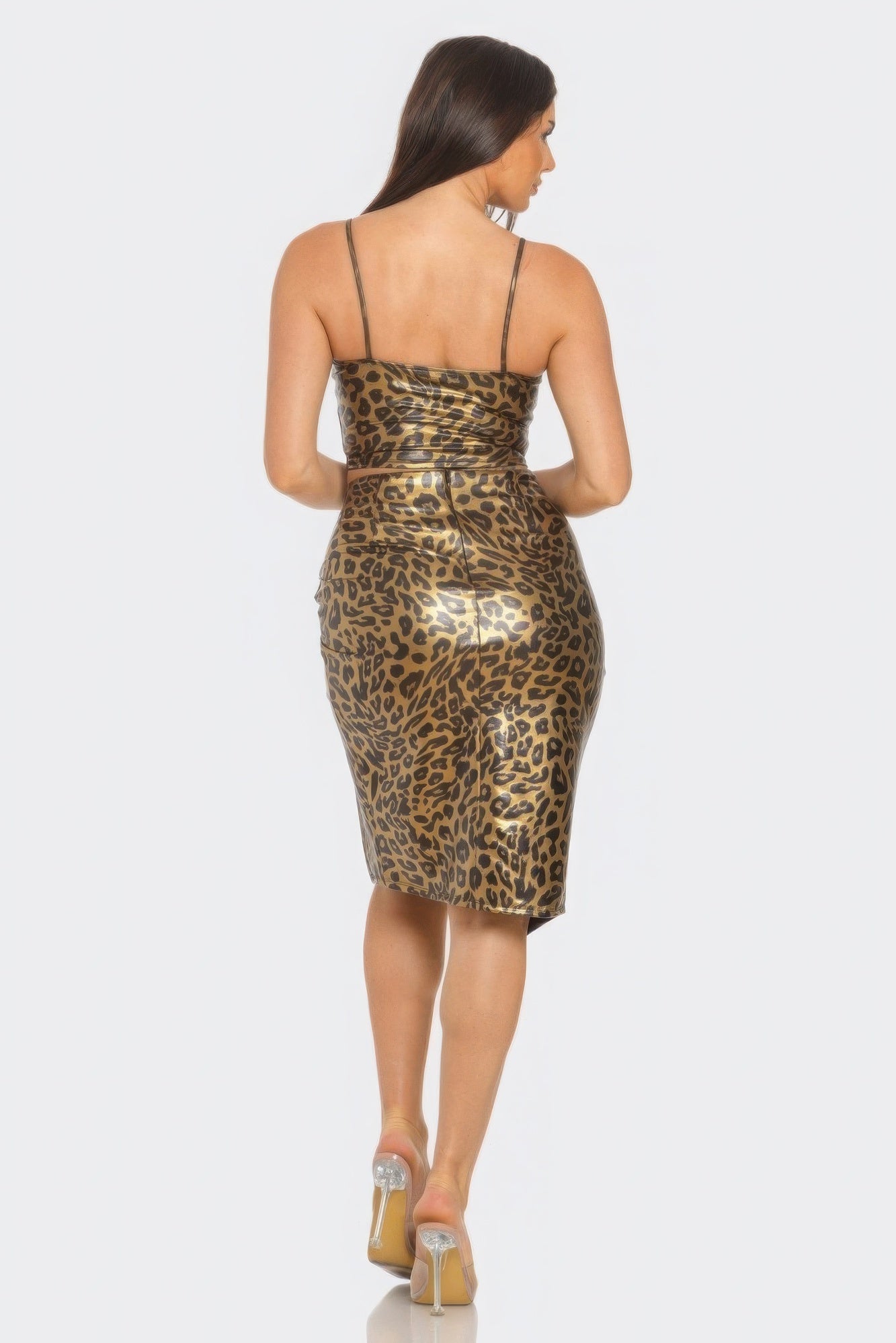 Pu Cheetah Print Top & Front Wrap Slit Skirt Set JoySkyBoutique