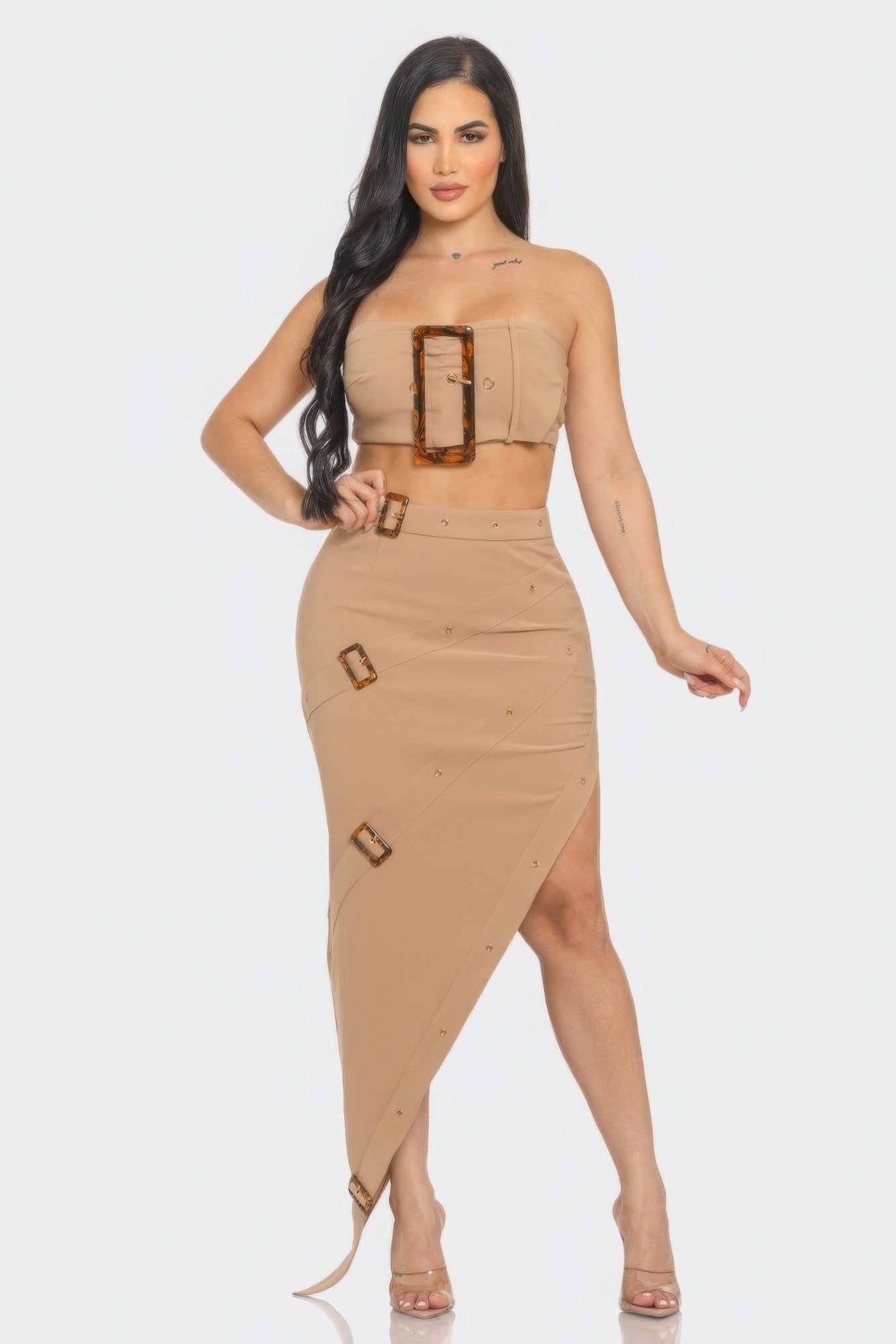 Front Eyelet Buckle Belt Top And Skirt Set JoySkyBoutique