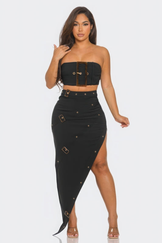 Front Eyelet Buckle Belt Top And Skirt Set JoySkyBoutique