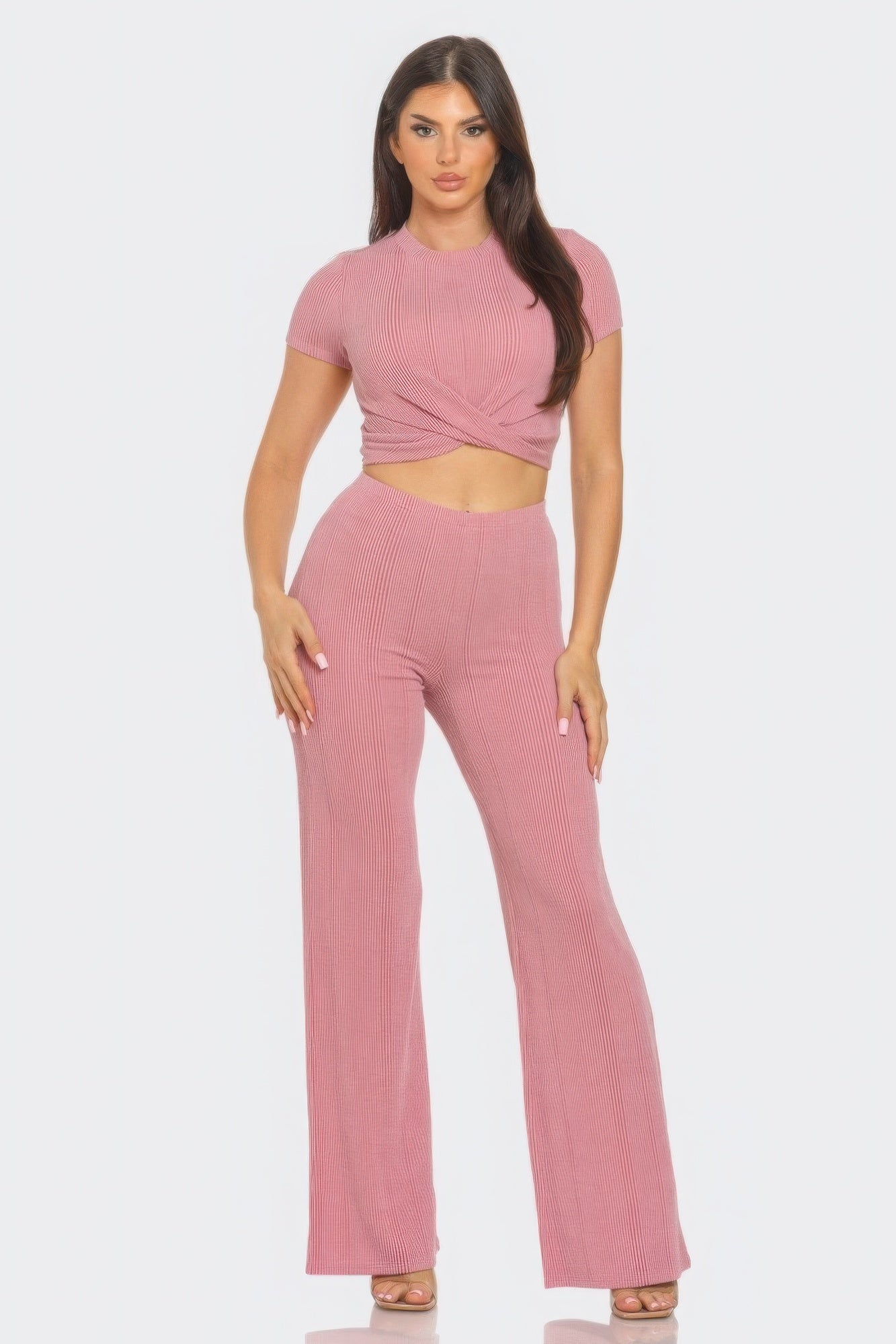 Front Twist Detail Top And Flare Pants Set JoySkyBoutique