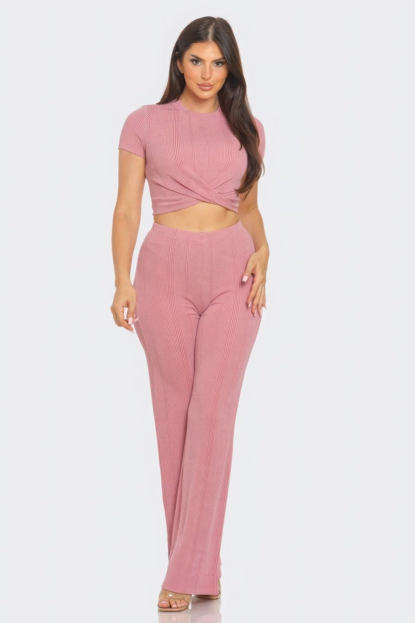 Front Twist Detail Top And Flare Pants Set JoySkyBoutique