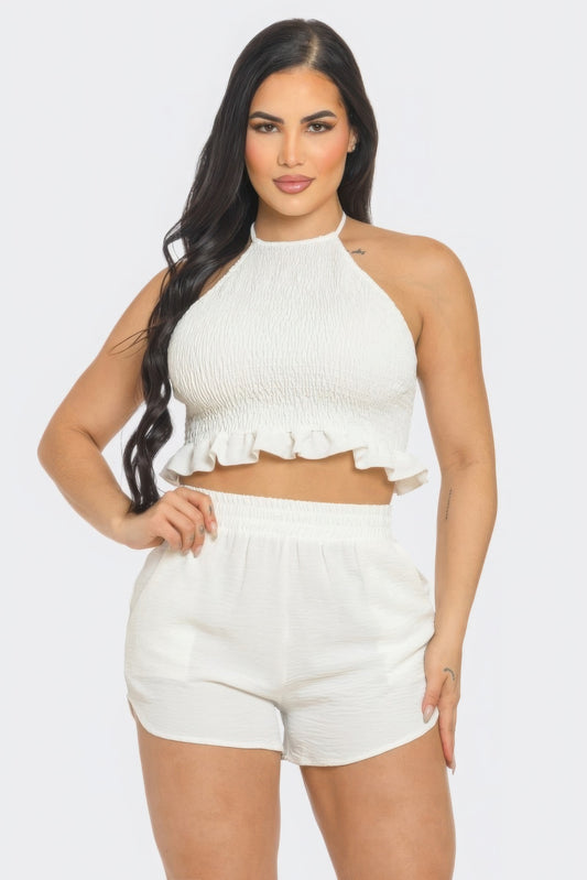 Front Smocking Detail Halter Top And Shorts Set JoySkyBoutique