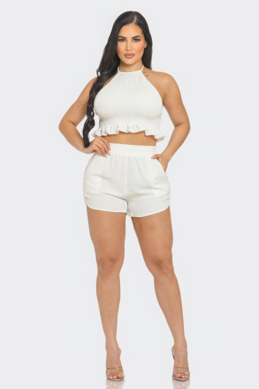 Front Smocking Detail Halter Top And Shorts Set JoySkyBoutique