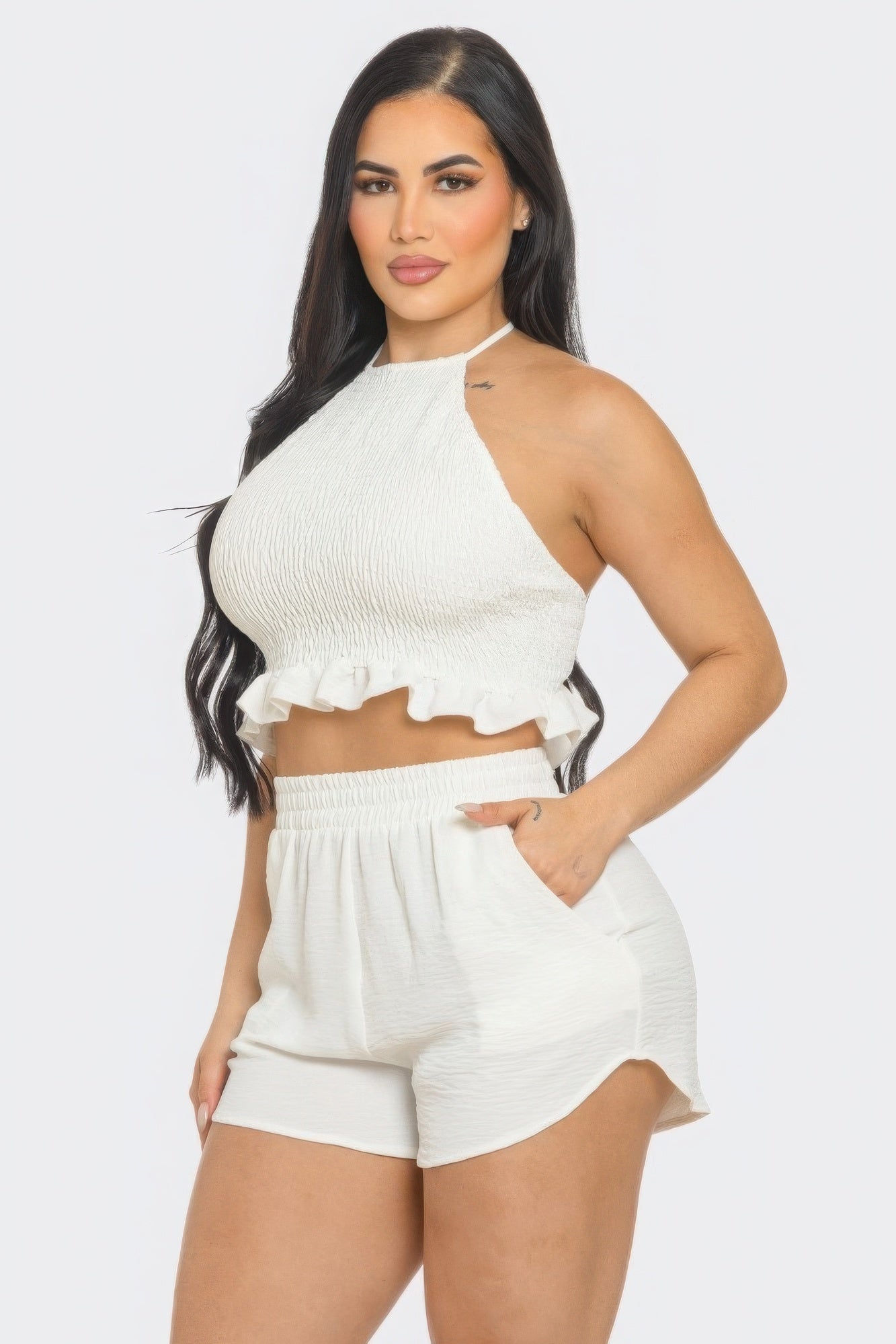 Front Smocking Detail Halter Top And Shorts Set JoySkyBoutique