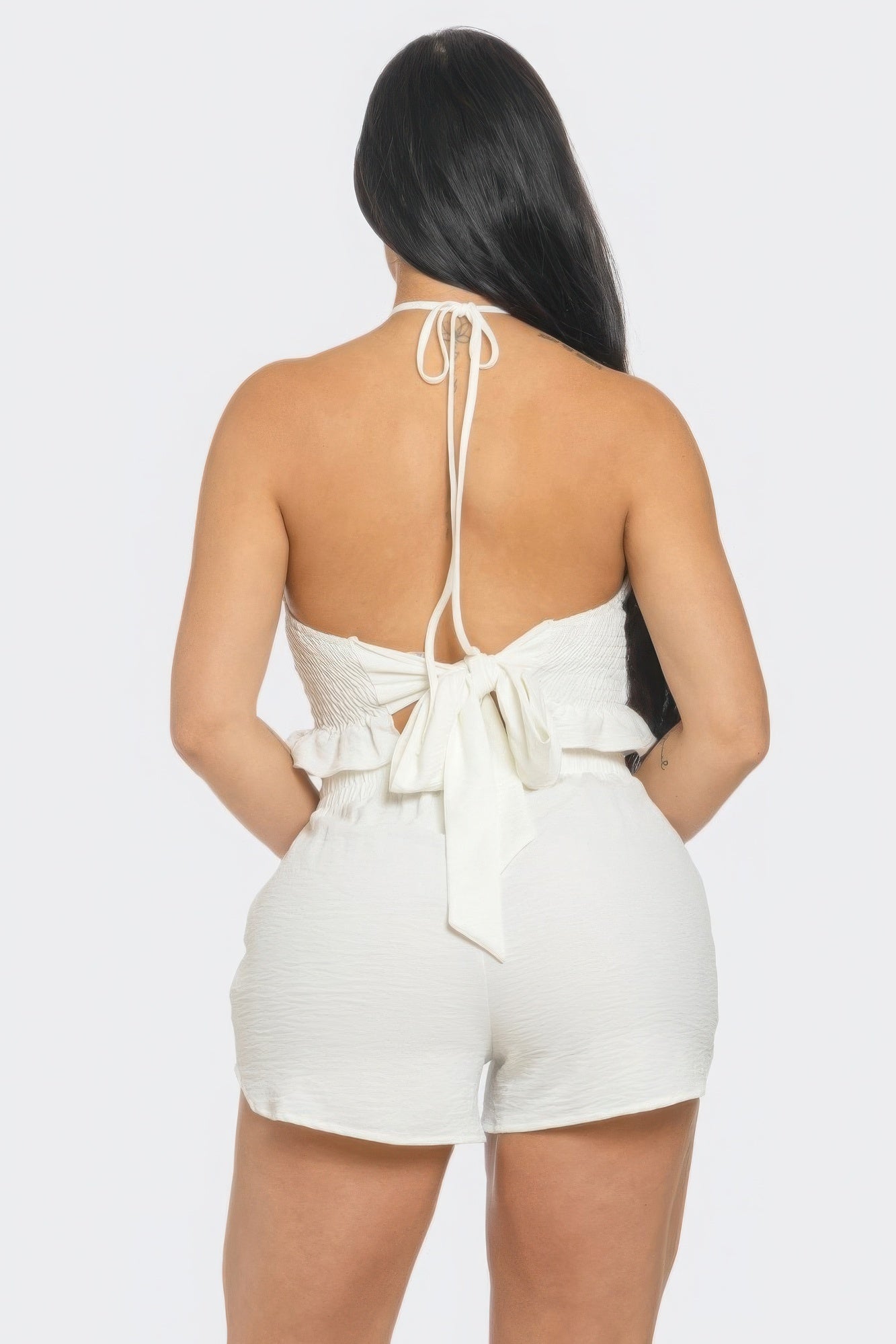 Front Smocking Detail Halter Top And Shorts Set JoySkyBoutique