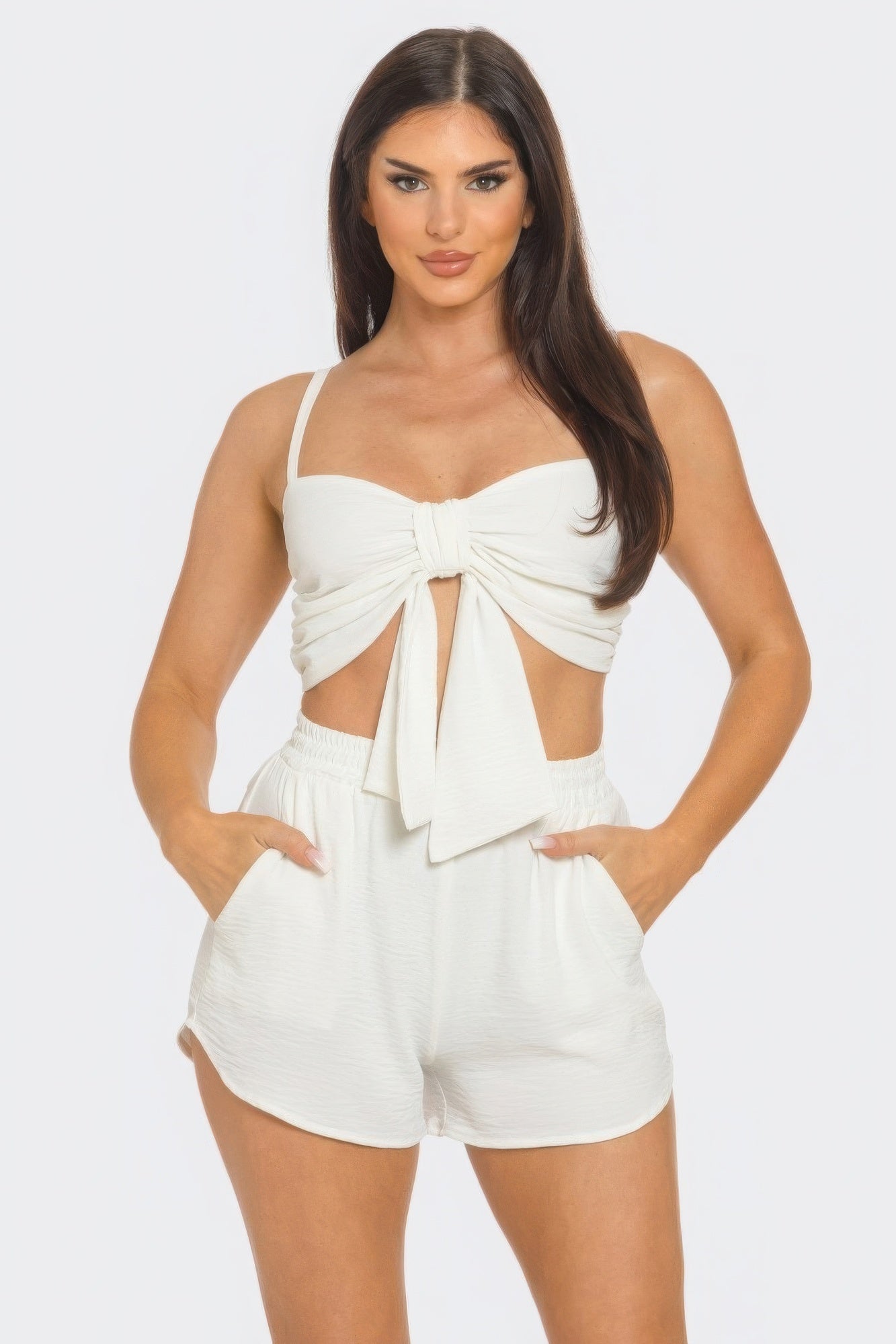 Front Oversized Bow Twisted Tie Top And Shorts Set JoySkyBoutique