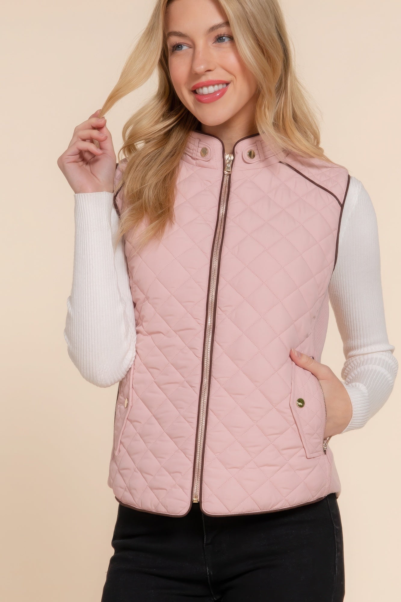 Suede Piping Quilted Padding Vest JoySkyBoutique