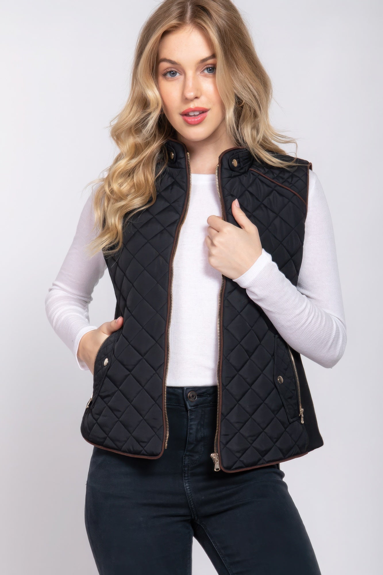 Suede Piping Quilted Padding Vest JoySkyBoutique