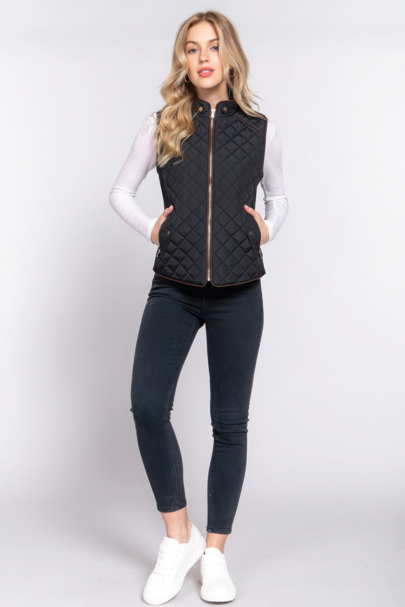 Suede Piping Quilted Padding Vest JoySkyBoutique