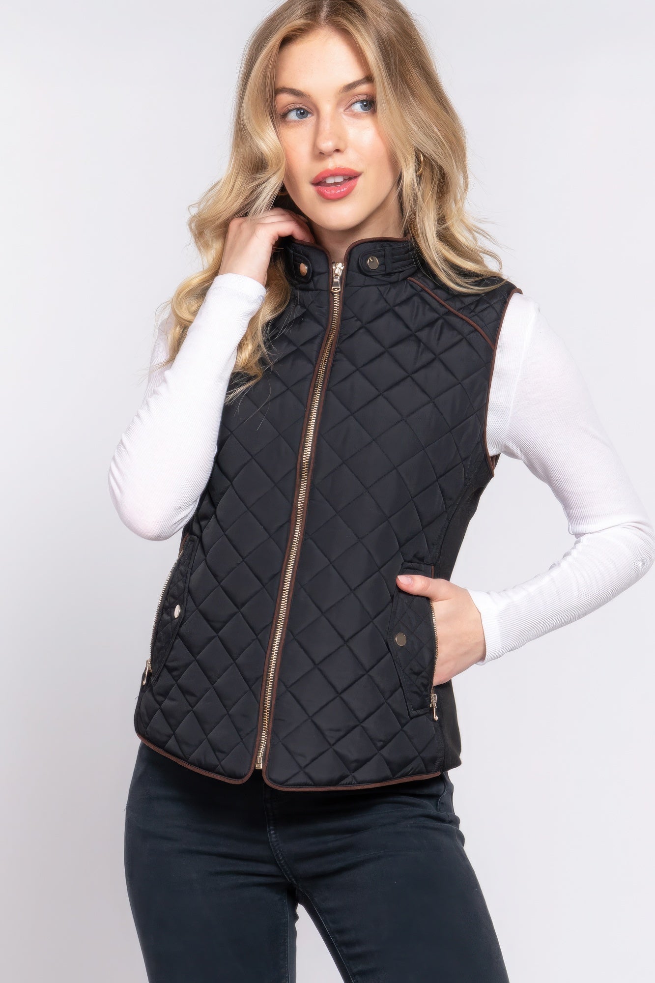 Suede Piping Quilted Padding Vest JoySkyBoutique