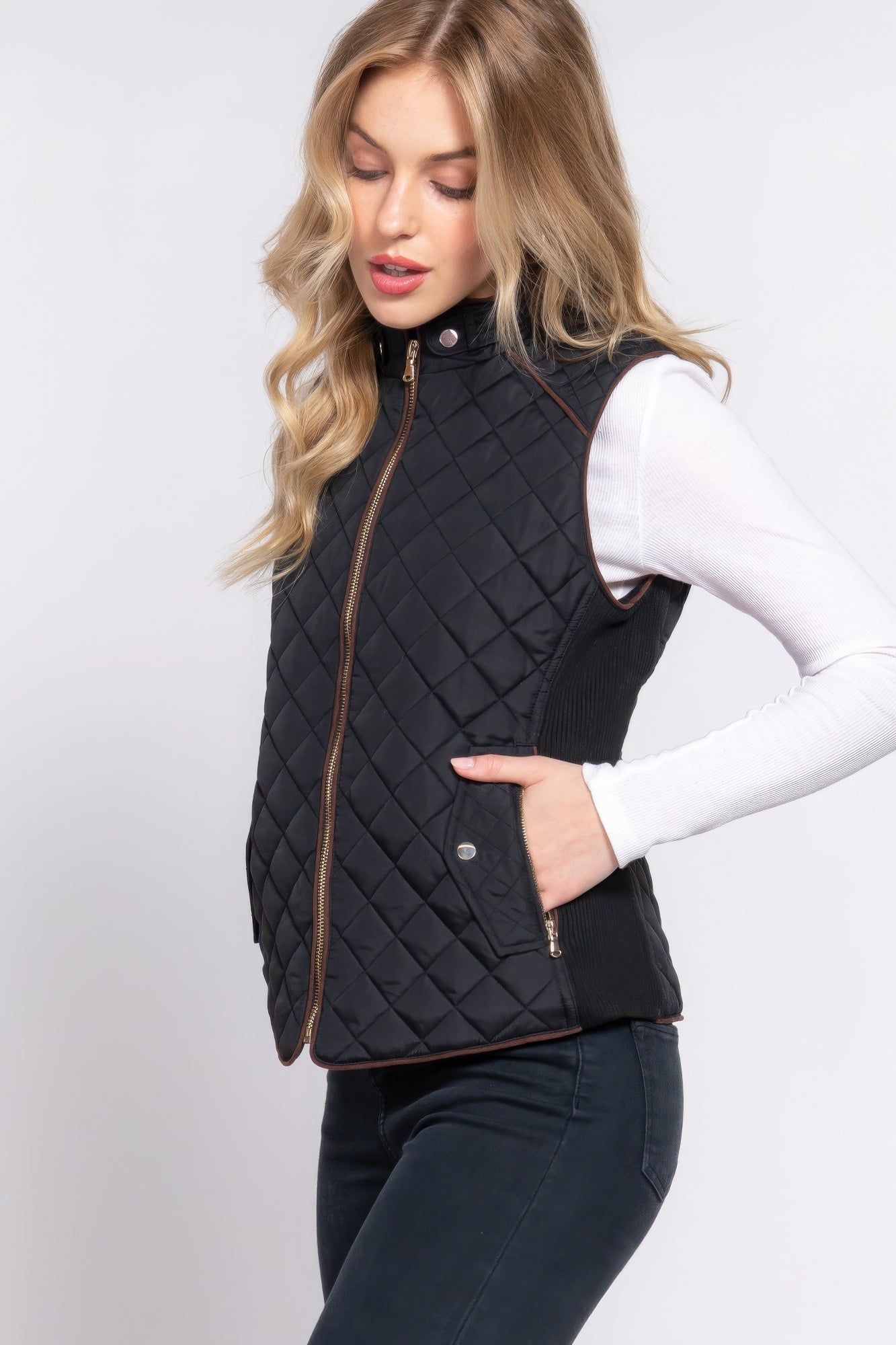 Suede Piping Quilted Padding Vest JoySkyBoutique