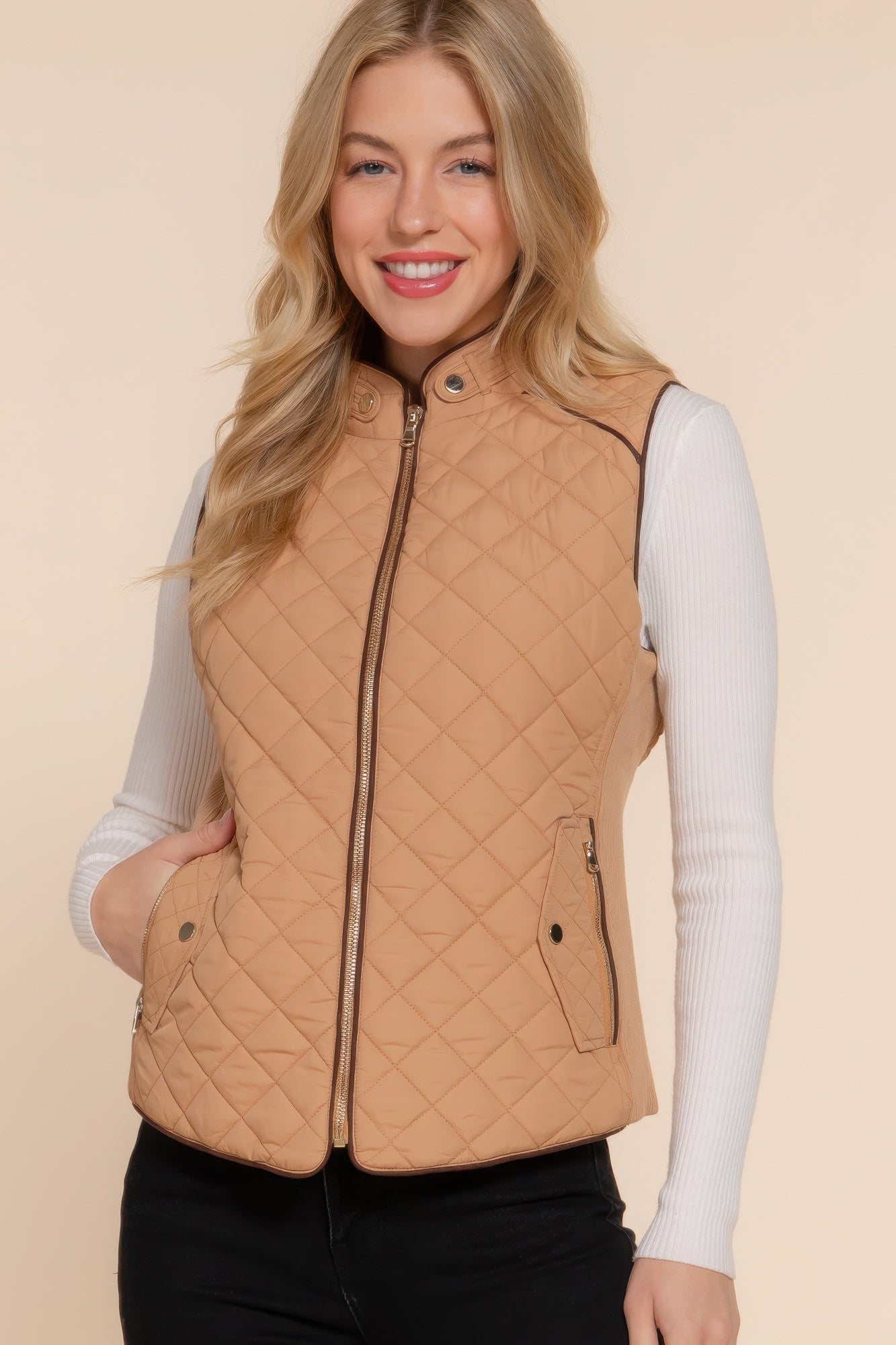 Suede Piping Quilted Padding Vest JoySkyBoutique