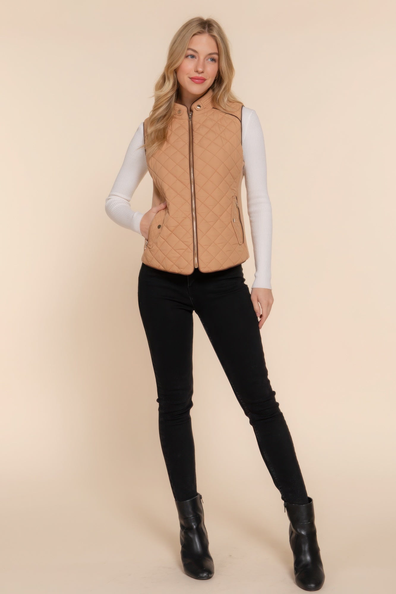 Suede Piping Quilted Padding Vest JoySkyBoutique