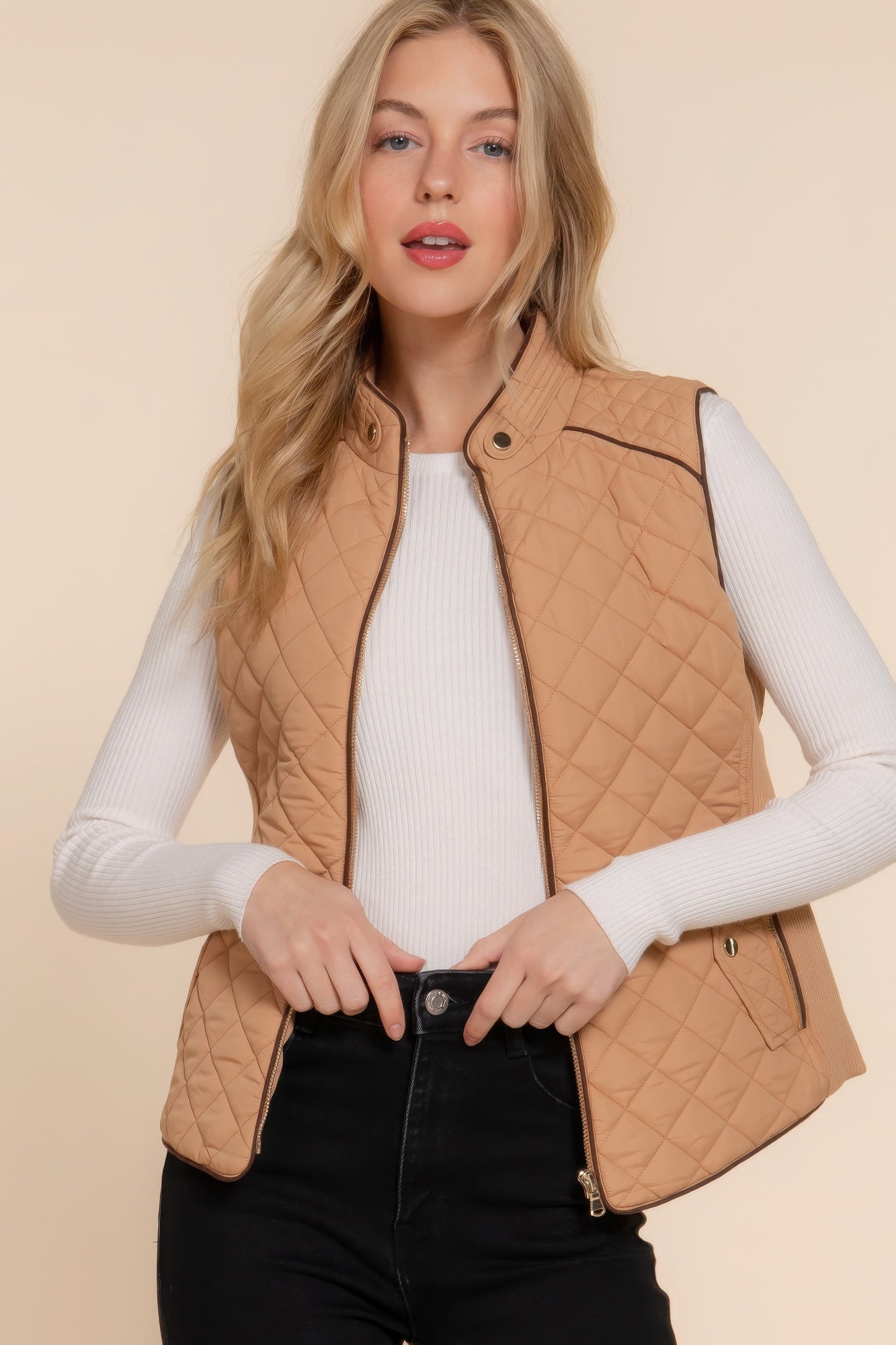 Suede Piping Quilted Padding Vest JoySkyBoutique