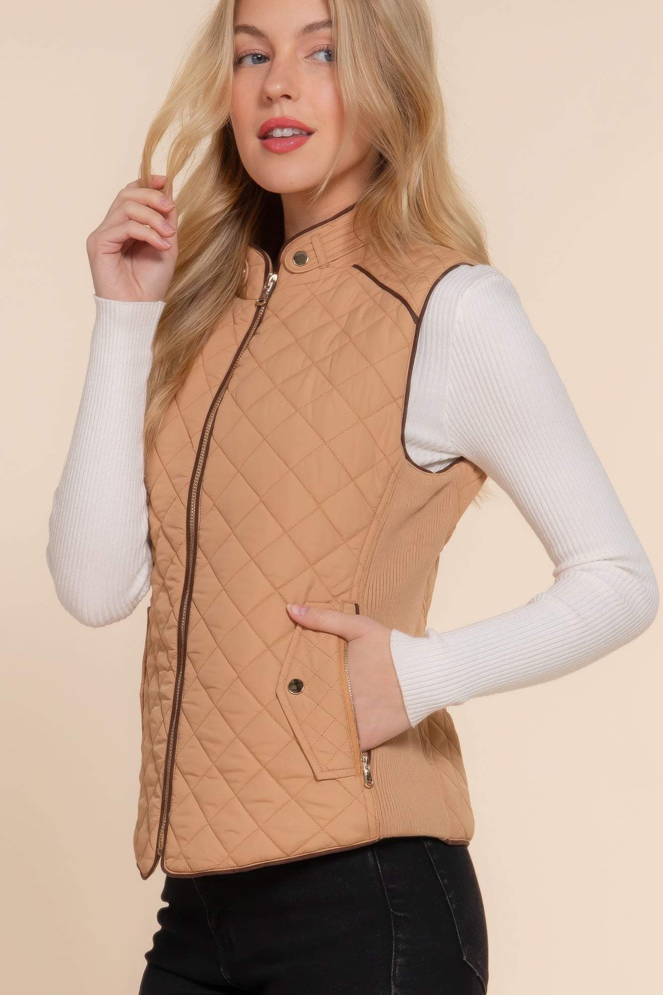 Suede Piping Quilted Padding Vest JoySkyBoutique