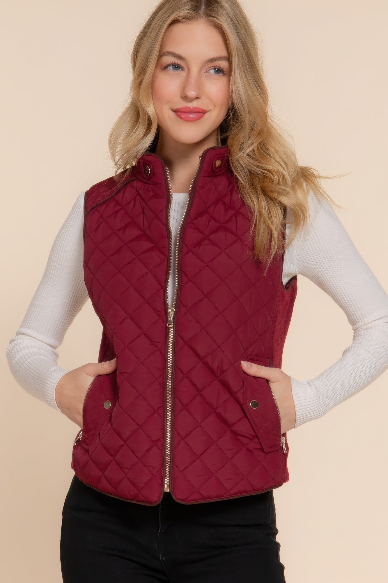 Suede Piping Quilted Padding Vest JoySkyBoutique