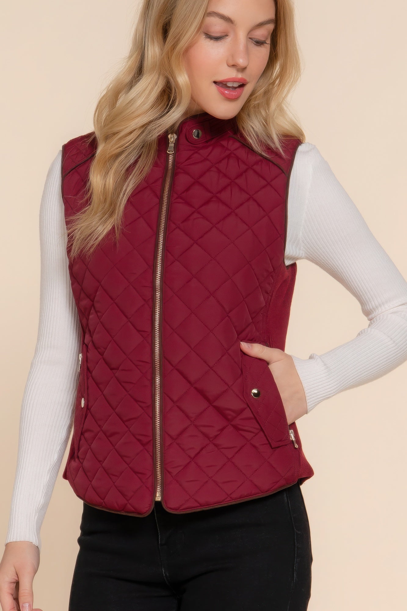 Suede Piping Quilted Padding Vest JoySkyBoutique