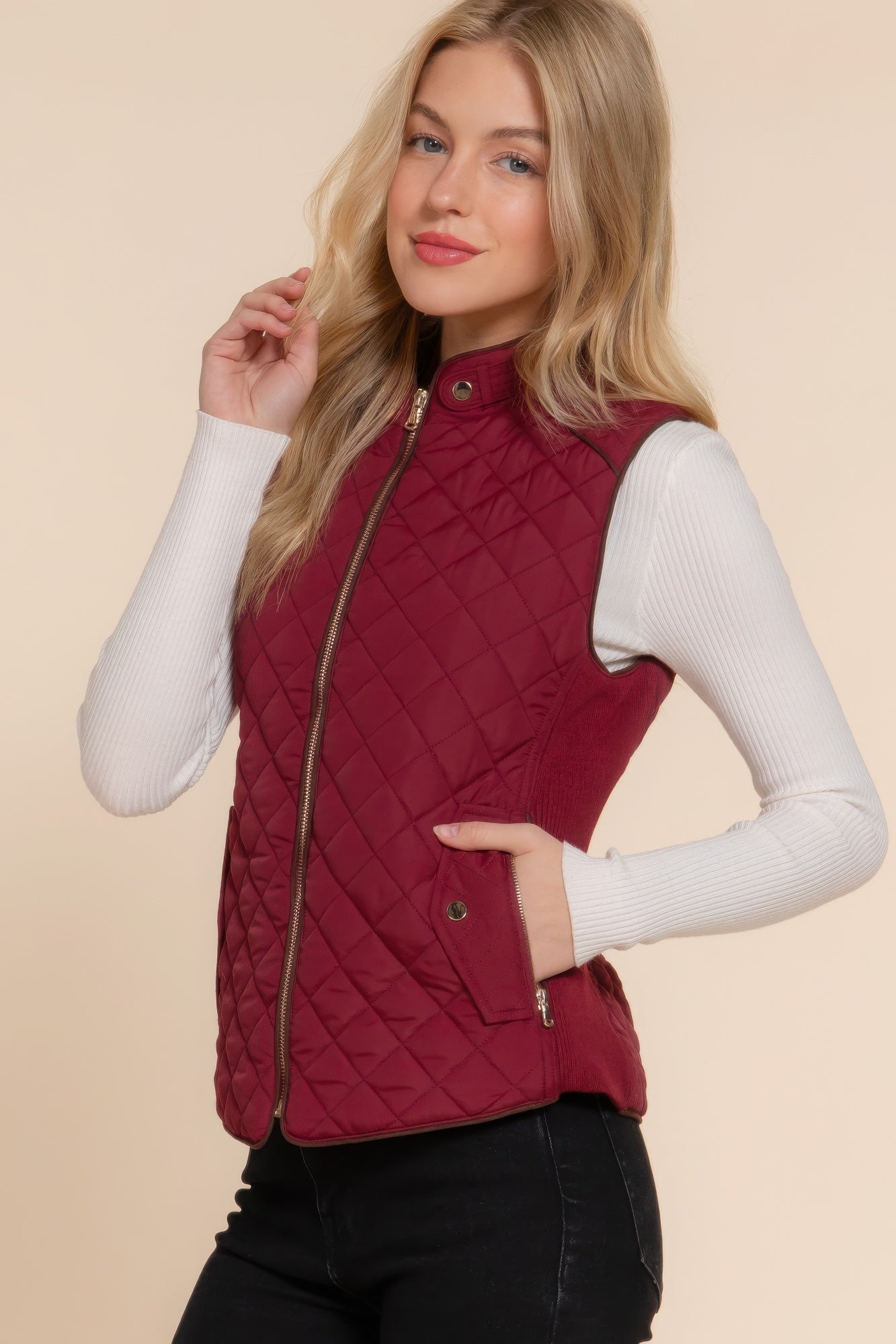 Suede Piping Quilted Padding Vest JoySkyBoutique