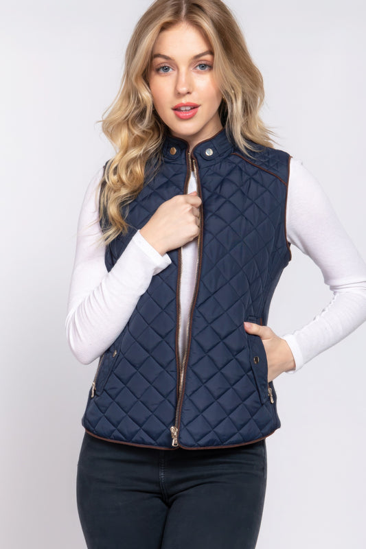 Suede Piping Quilted Padding Vest JoySkyBoutique