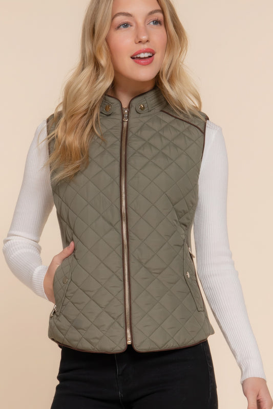 Suede Piping Quilted Padding Vest JoySkyBoutique