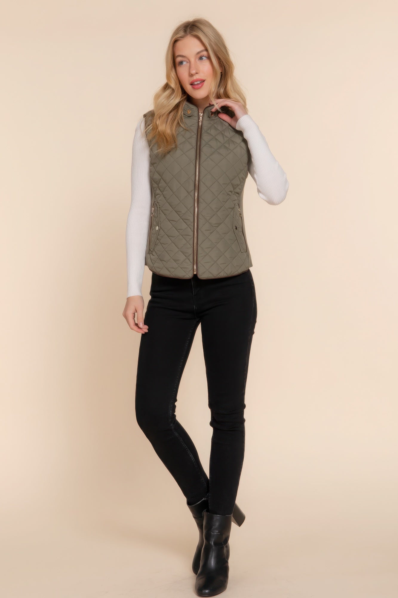 Suede Piping Quilted Padding Vest JoySkyBoutique