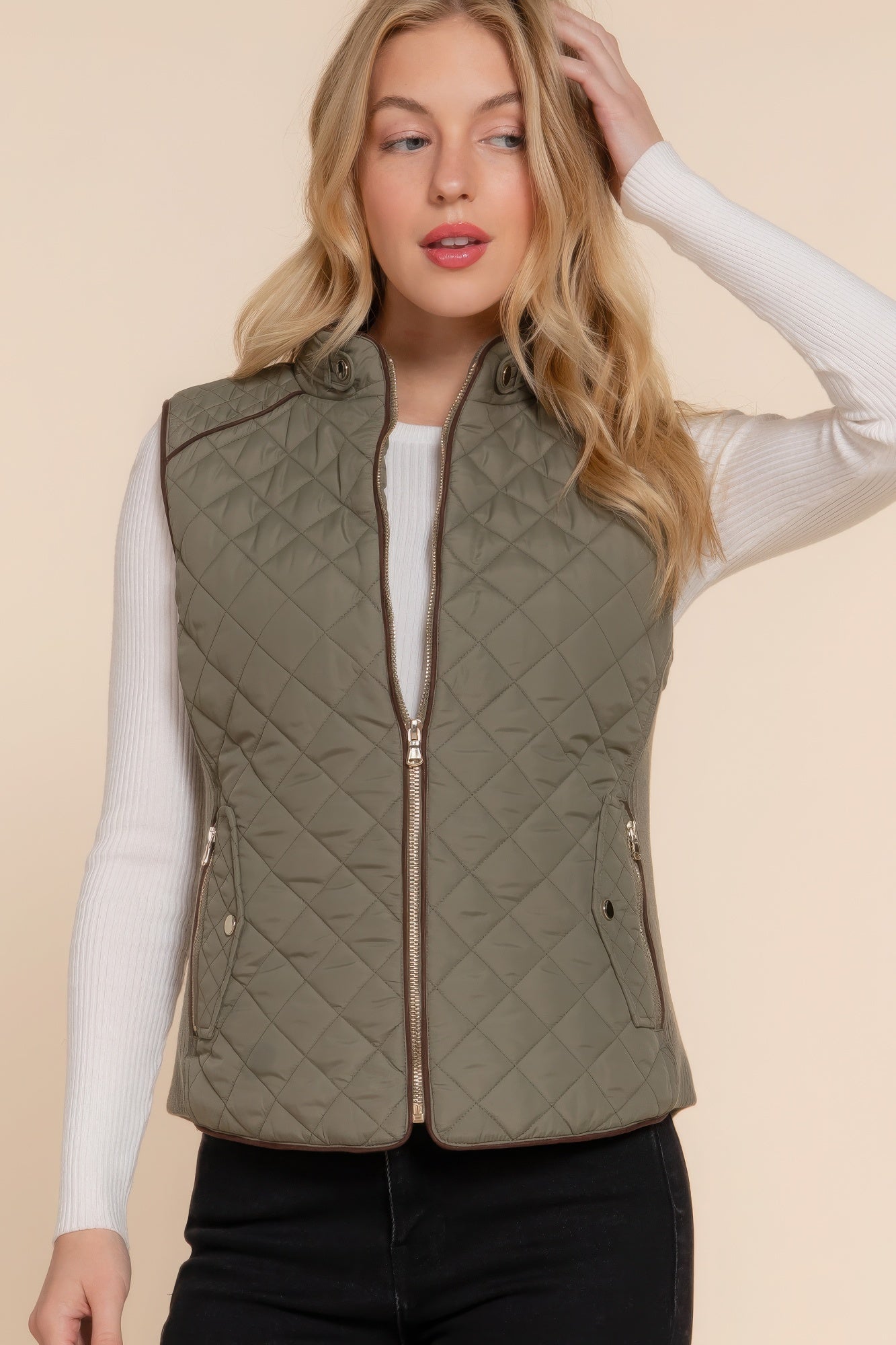 Suede Piping Quilted Padding Vest JoySkyBoutique