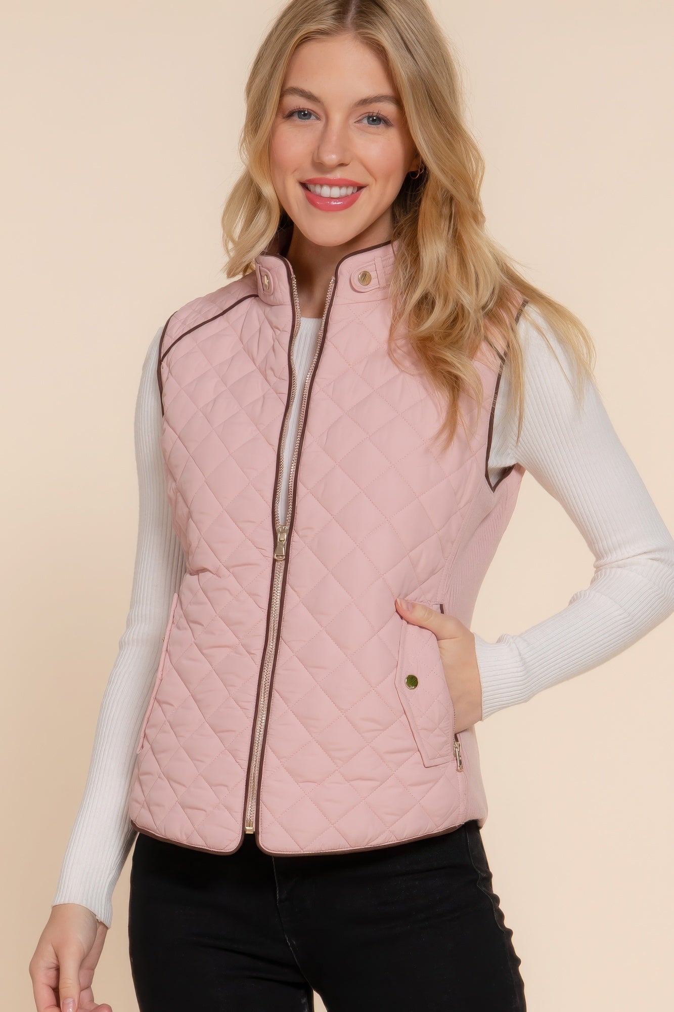 Suede Piping Quilted Padding Vest JoySkyBoutique