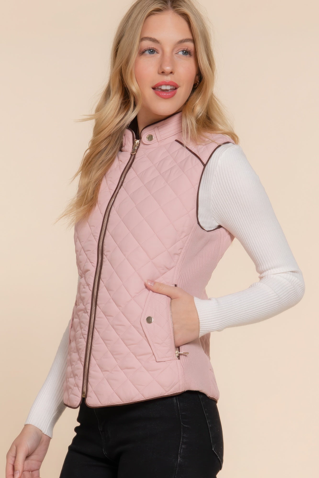 Suede Piping Quilted Padding Vest JoySkyBoutique