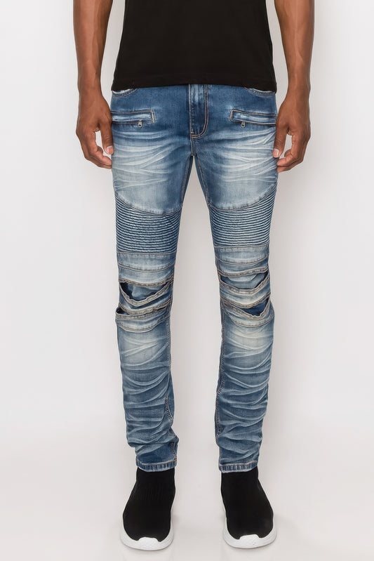 Men Creased Biker Denim Jeans JoySkyBoutique