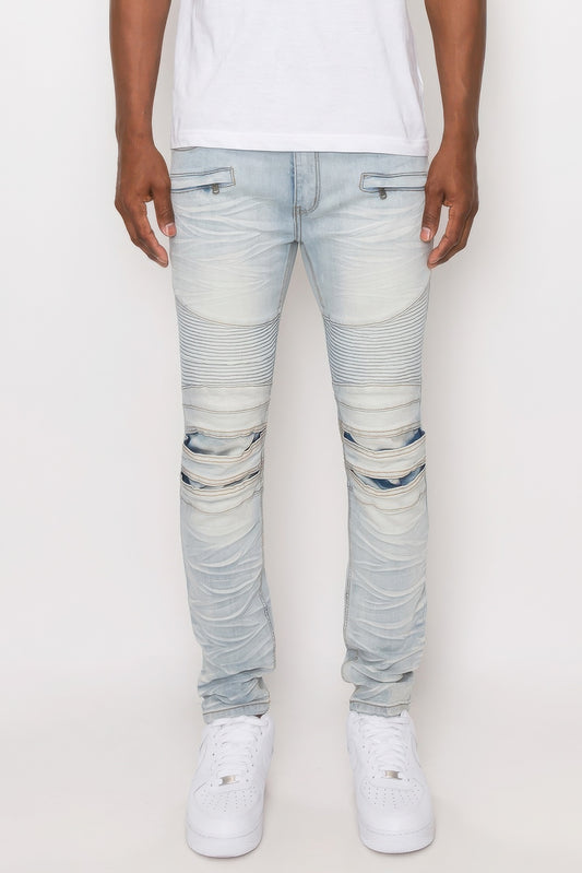 Men Creased Biker Denim Jeans JoySkyBoutique