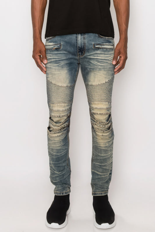 Men Creased Biker Denim Jeans JoySkyBoutique