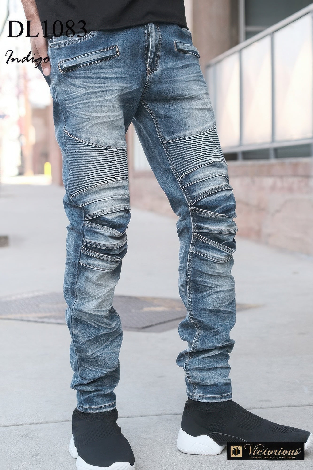 Men Creased Biker Denim Jeans JoySkyBoutique