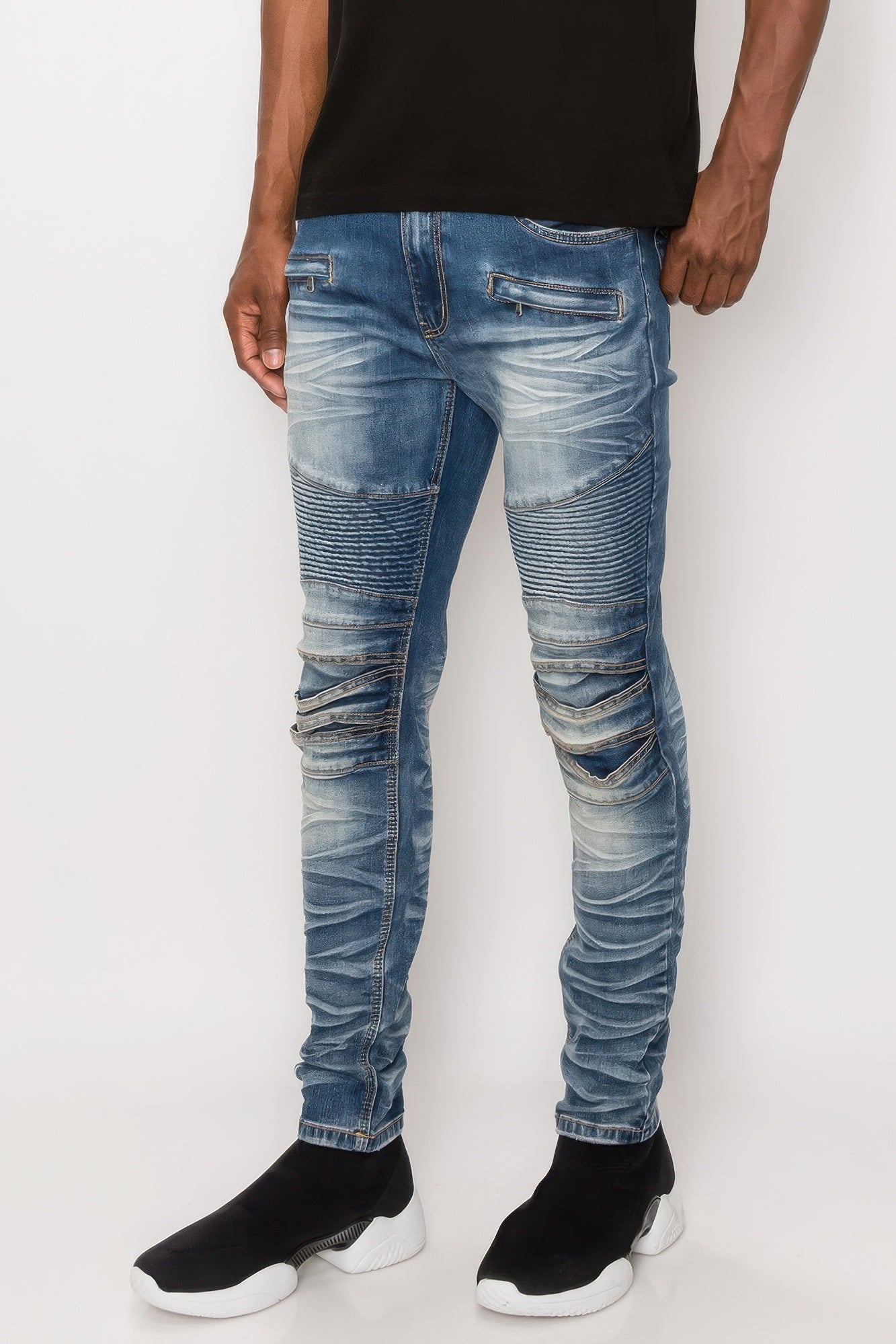 Men Creased Biker Denim Jeans JoySkyBoutique