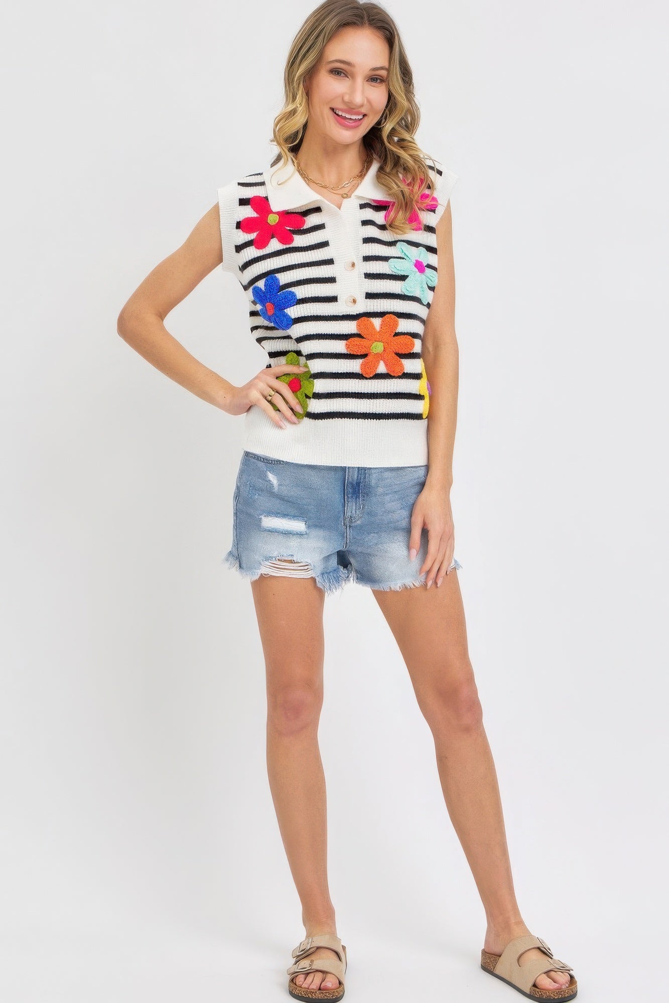 Flower Patch Stripe Knit Top JoySkyBoutique