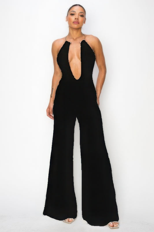 Slinky Wide Leg Jumpsuit W/metal Choker Necklace JoySkyBoutique