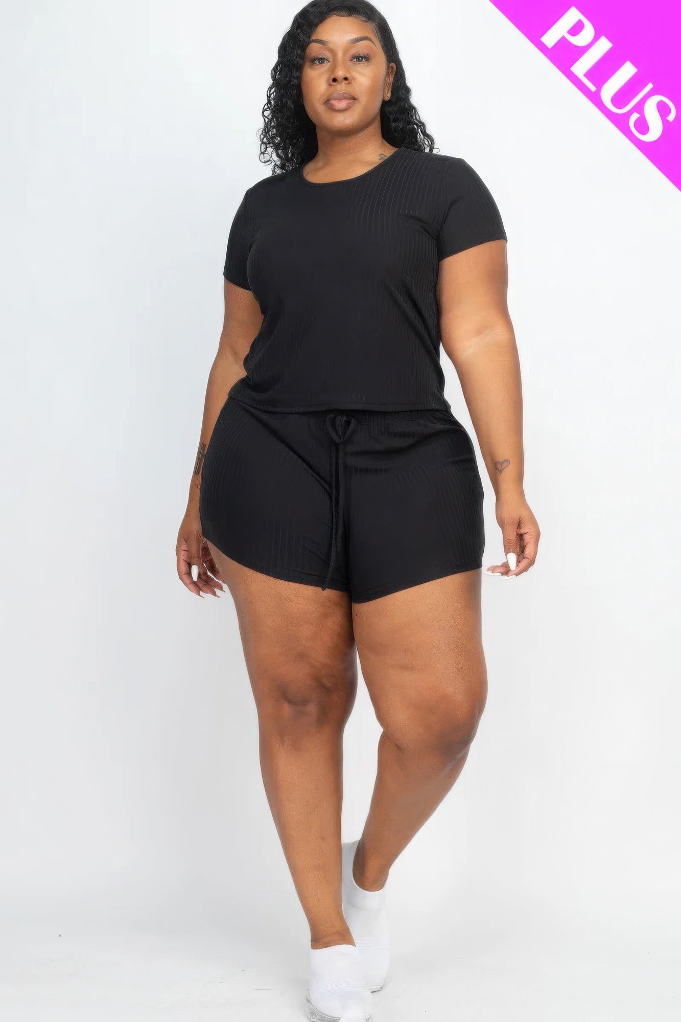 Plus Size Ribbed Short Sleeve Top&shorts Set JoySkyBoutique