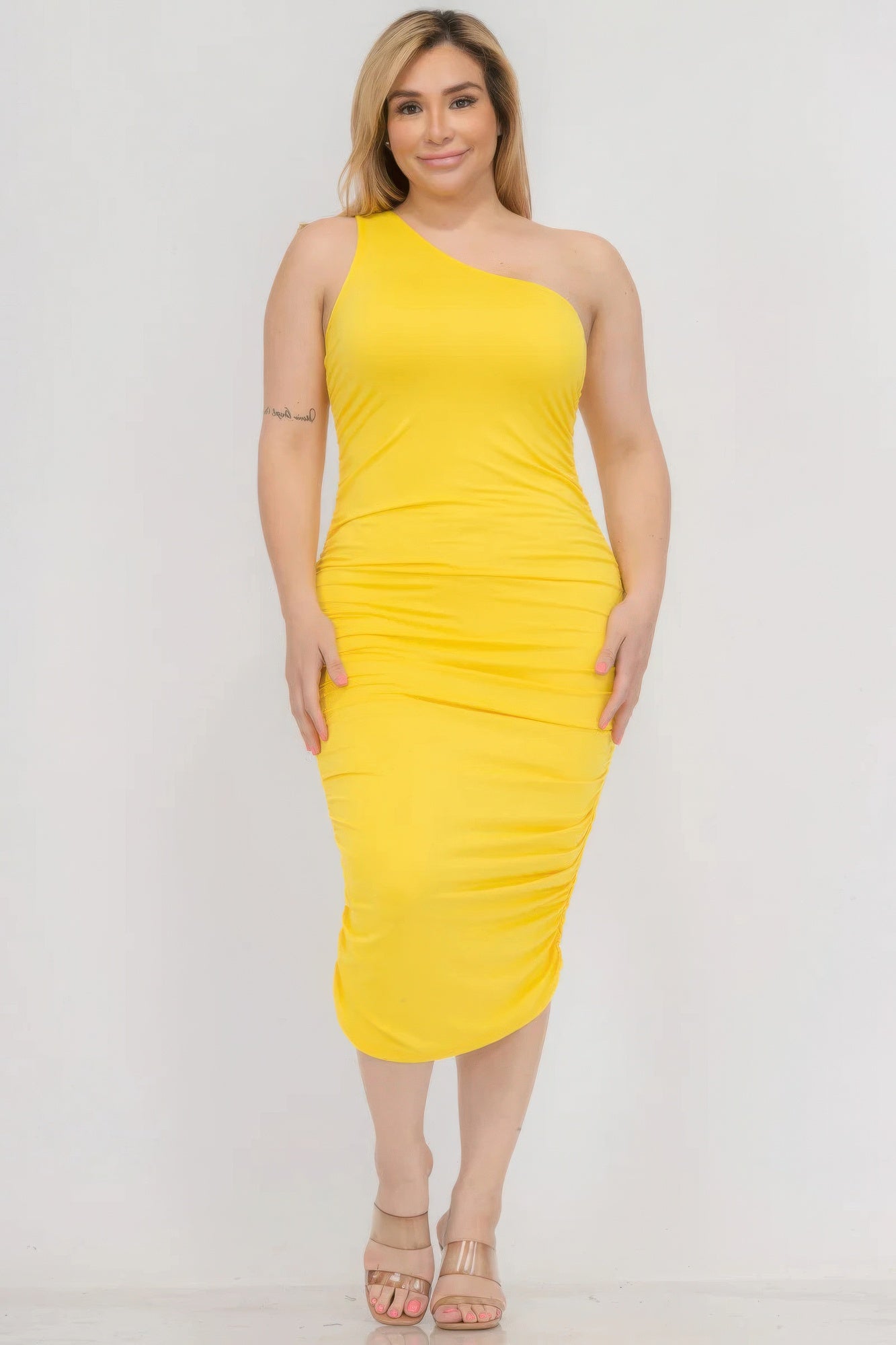 Plus Size Sexy Solid Color Ruched One Shoulder Midi Bodycon Dress JoySkyBoutique