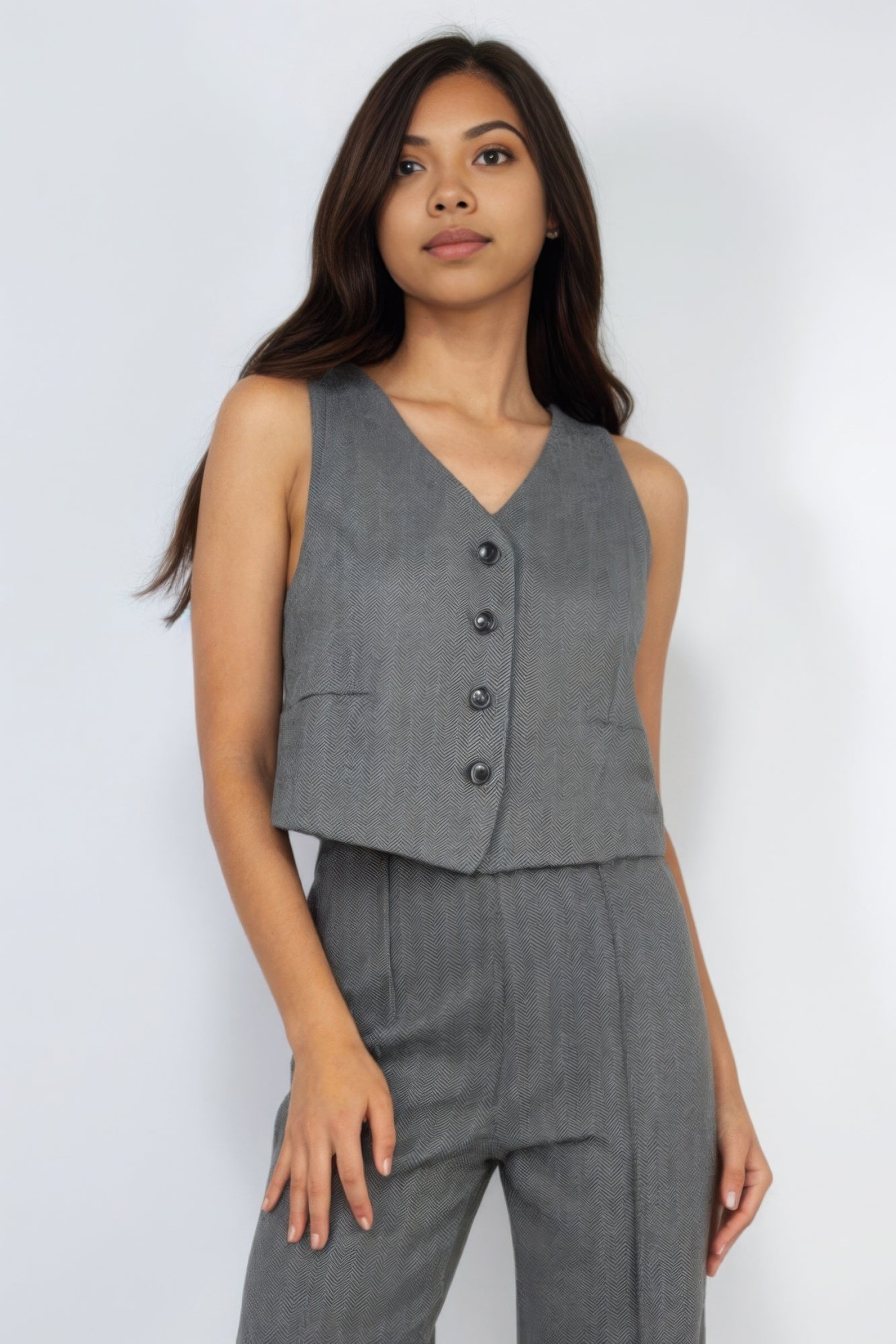 Herringbone V-neck Buttoned Vest Top JoySkyBoutique