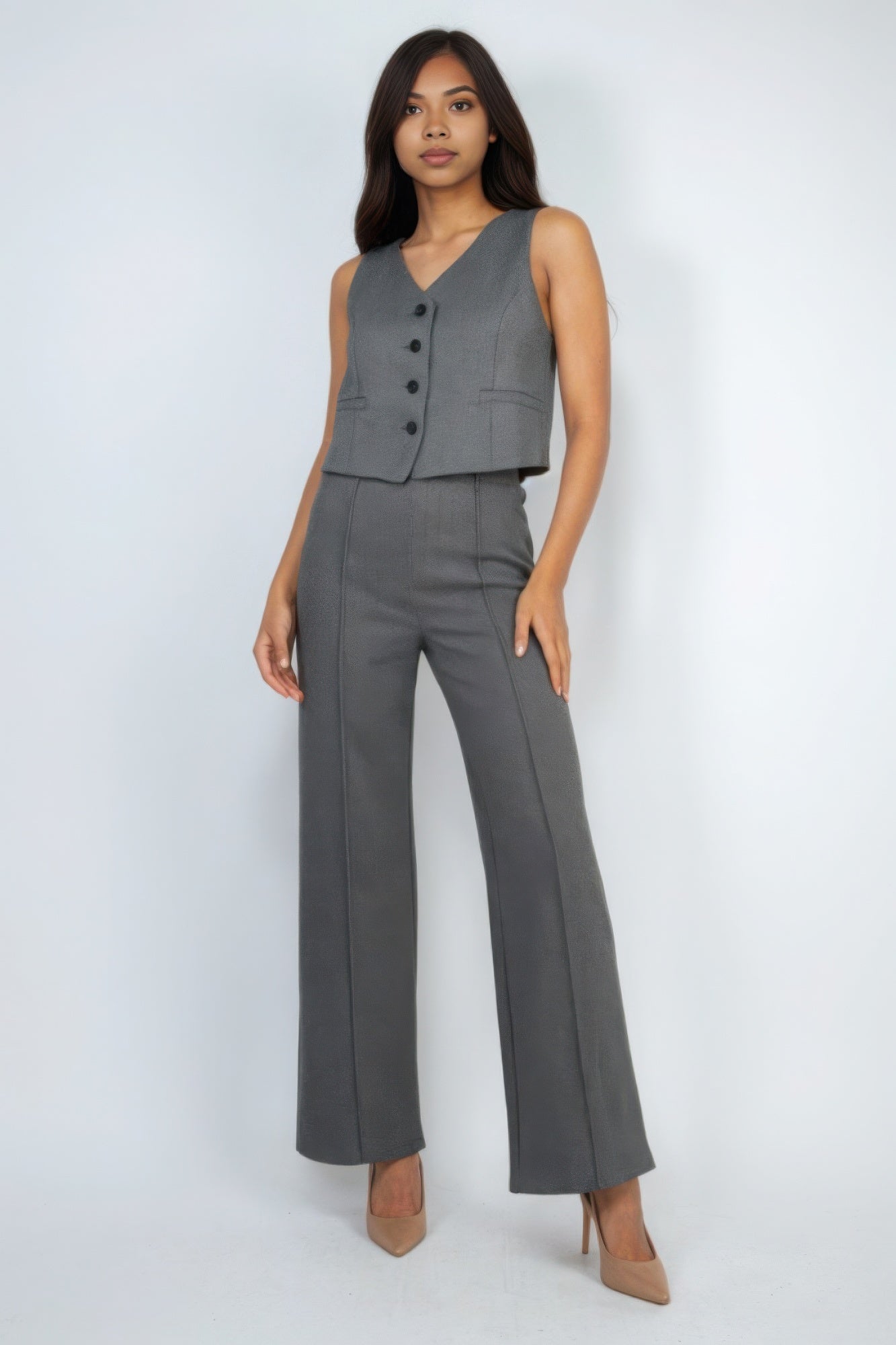 Herringbone V-neck Buttoned Vest Top JoySkyBoutique