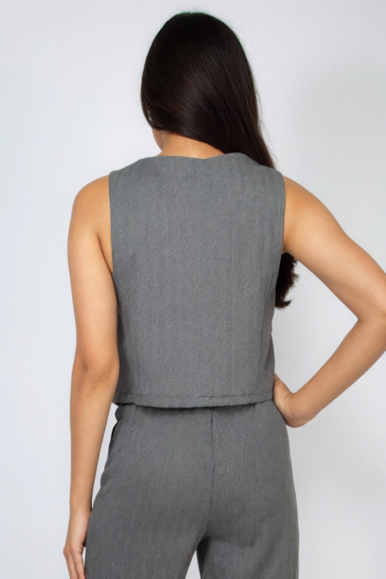 Herringbone V-neck Buttoned Vest Top JoySkyBoutique