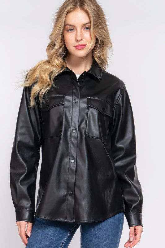 Long Slv Faux Leather Shacket JoySkyBoutique