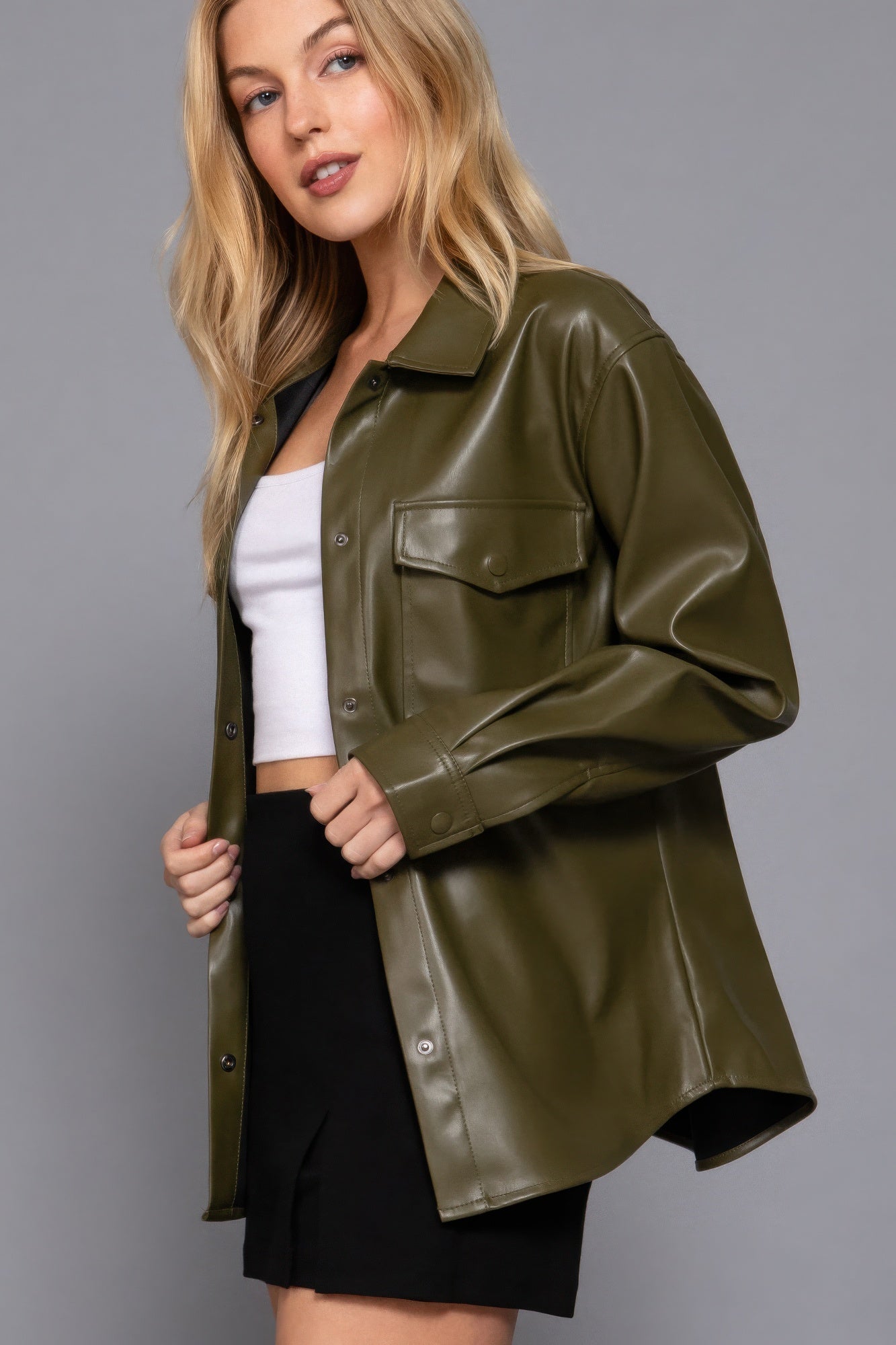 Long Slv Faux Leather Shacket JoySkyBoutique