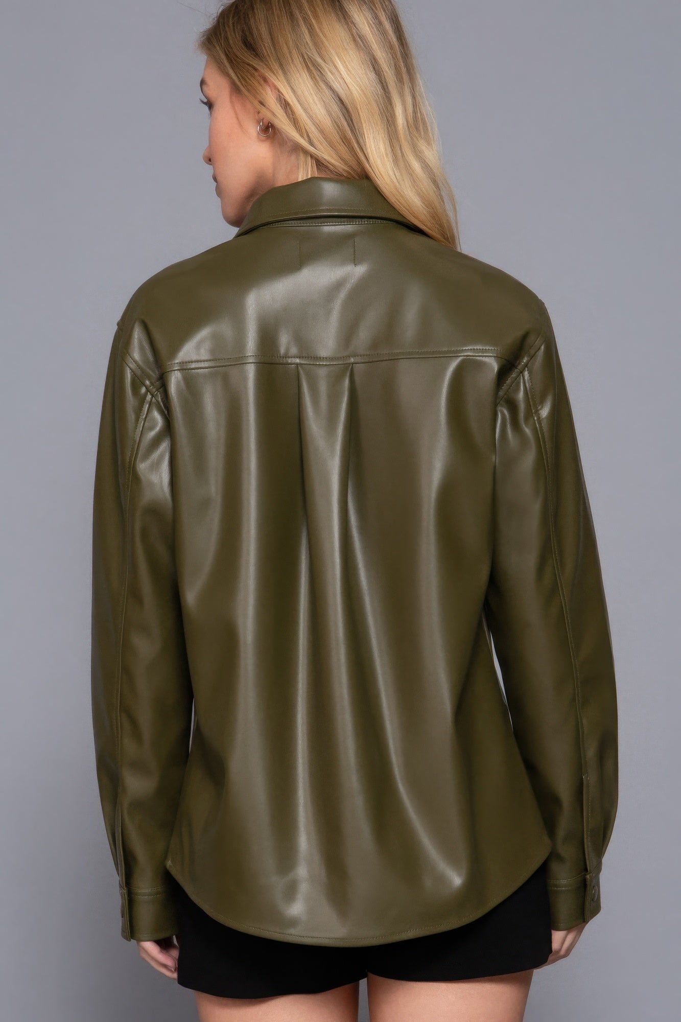 Long Slv Faux Leather Shacket JoySkyBoutique