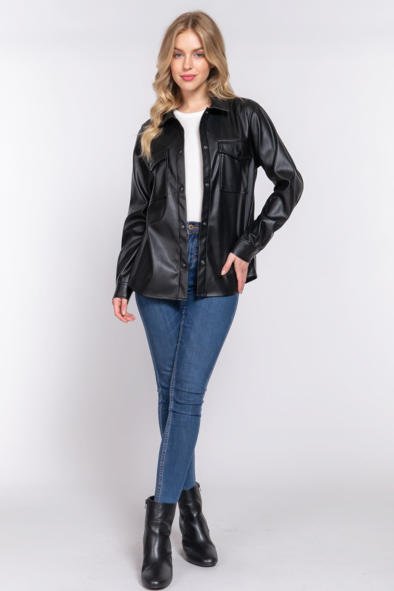 Long Slv Faux Leather Shacket JoySkyBoutique